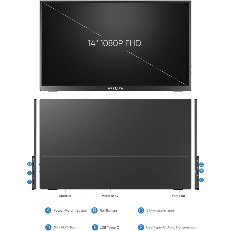Monitor portatile Arzopa A1 Gamut Slim 14" FHD - MAC/PC/XBOX/PS5