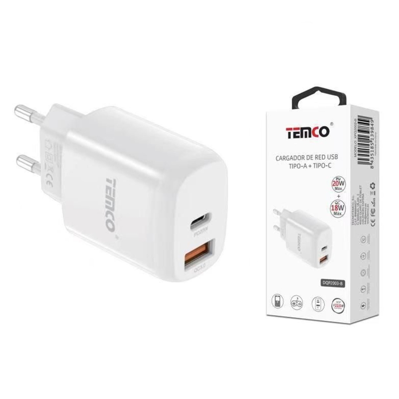 CARREGADOR USB PD 3A 20W + USB-C 3A 22.5W BRANCO