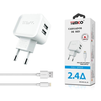 PACK CARGADOR DUAL USB 2.4A + CABLE LIGHTNING 2A 1M BLANCO