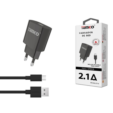 PACK CARREGADOR USB 2.1A + CABO USB-C 2A 1M PRETO