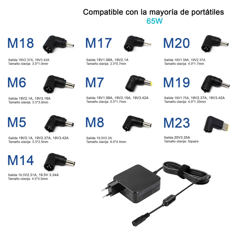 Caricabatterie universale portatile 9,5 V-20 V 65 W 9 punte
