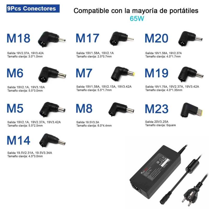 CARREGADOR UNIVERSAL PARA PORTÁTEIS 9.5-20V 65W 9 TIPS