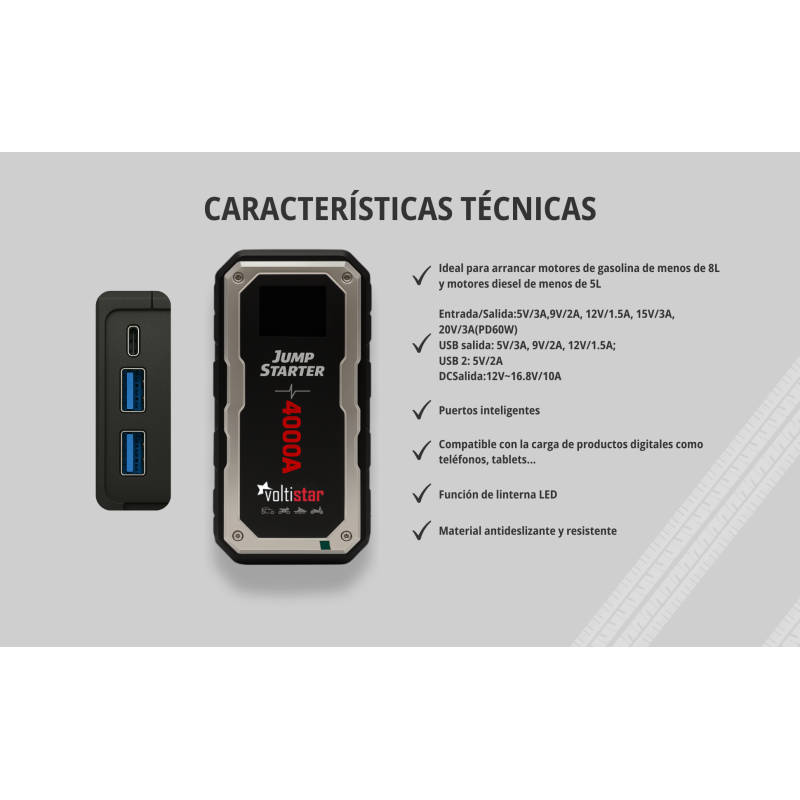 Arranque automóvel 20000Mah Smart até 8L de gasolina e 5L de gasóleo