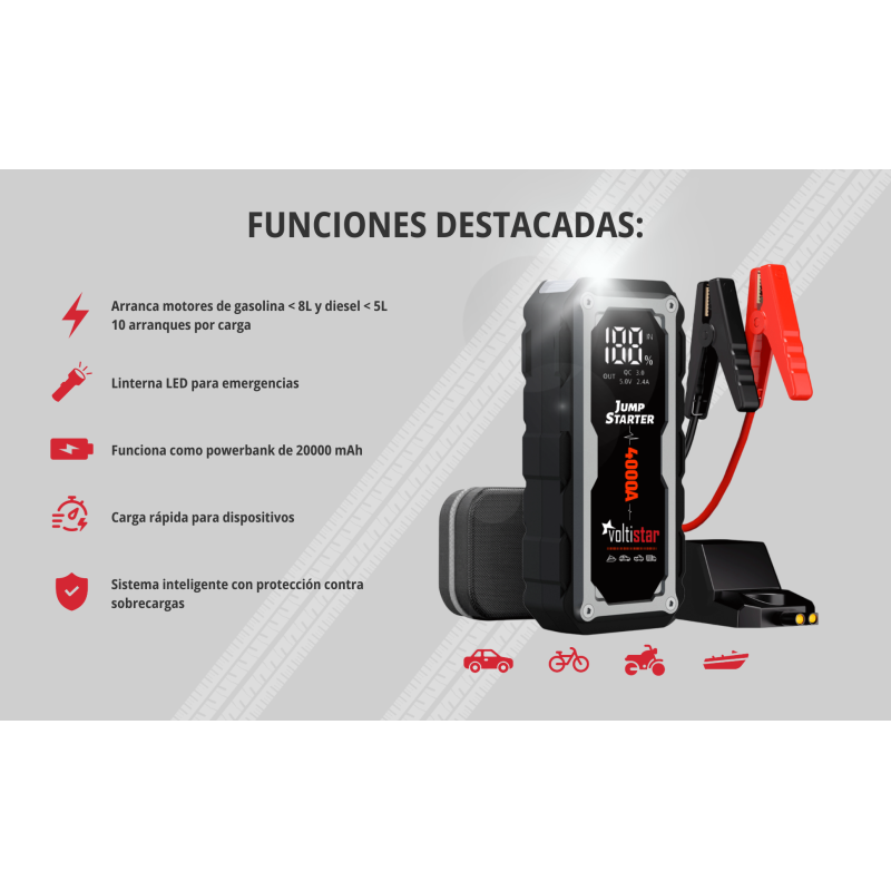 Arranque automóvel 20000Mah Smart até 8L de gasolina e 5L de gasóleo
