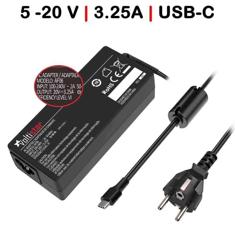 CARGADOR USB-C MULTIVOLTAJE PARA PORTÁTIL 5V-20V 3.25A 65W NEGRO