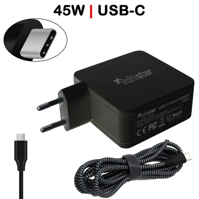 CARICABATTERIE USB-C MULTITENSIONE PER COMPUTER PORTATILE 5V-20V 2.25A 45W NERO CAVO INTRECCIATO